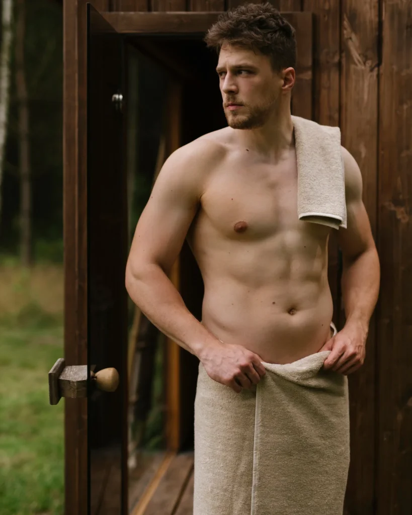 mężczyzna w ręczniku lnianym frotte kolor natural